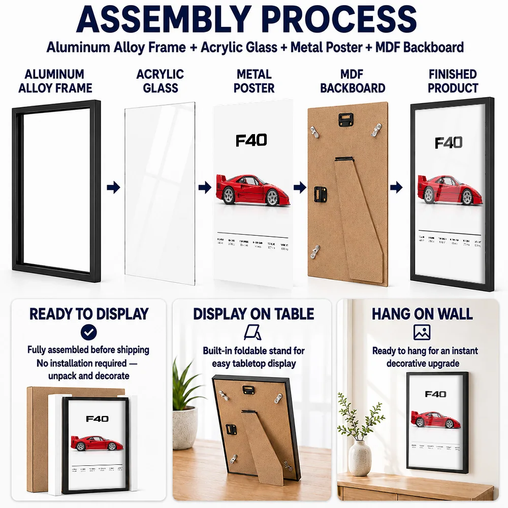 Italian F40 Rosso Corsa Supercar Framed Aluminum Metal Poster Customized Precision Engineering Wall Art Ideal Gift For Gearheads