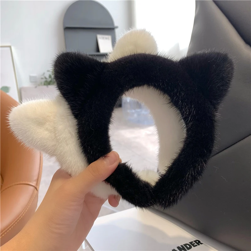 

Hot Sale Face Wash Headband Real Mink Cat Ears Hairpin Net Celebrity Female Anchor Headband Cute Plush Headdress Makeup Hairpin