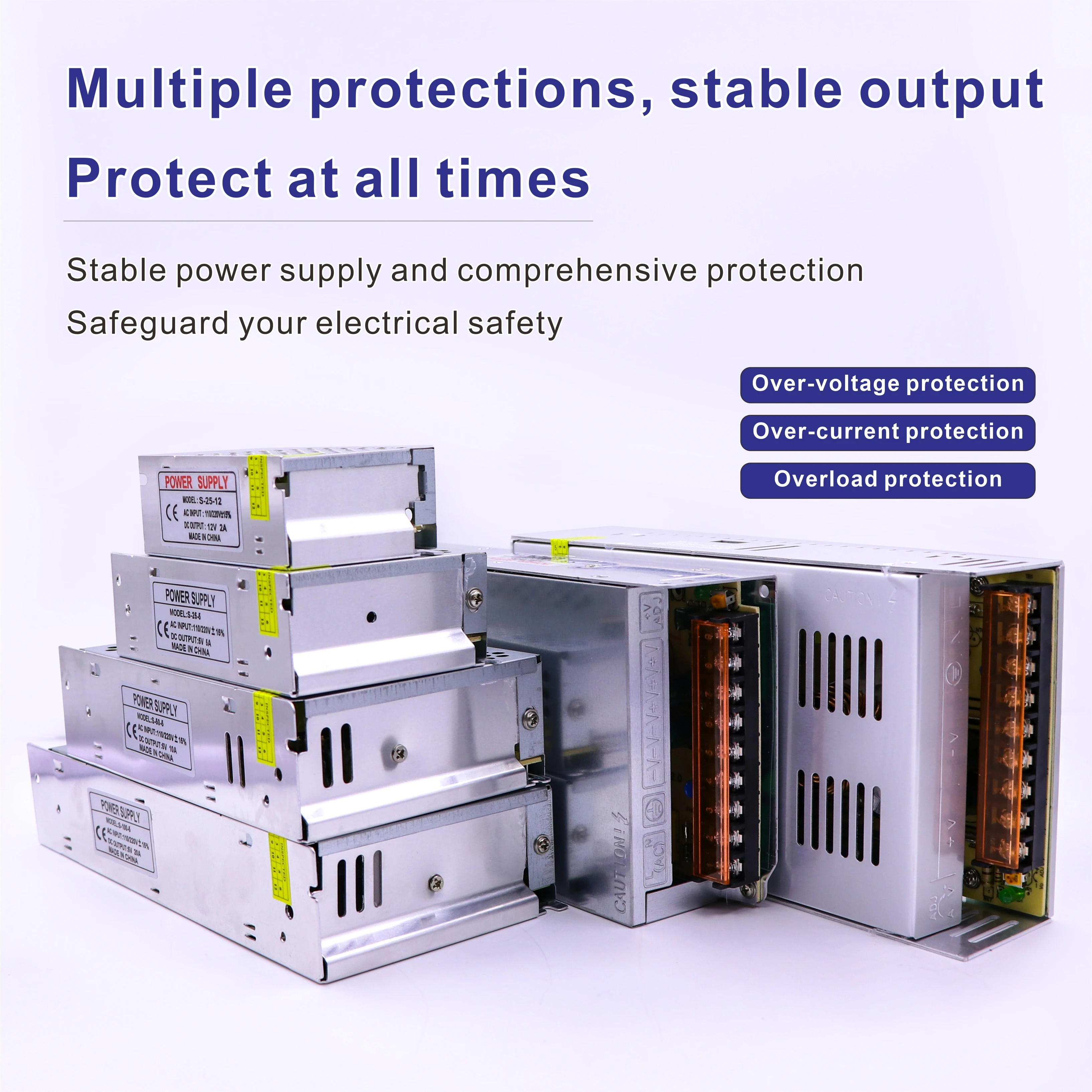 110V/220V switchable power transformer for LED low-voltage light strips, with DC5V/12V/24V output. The input and output are stab
