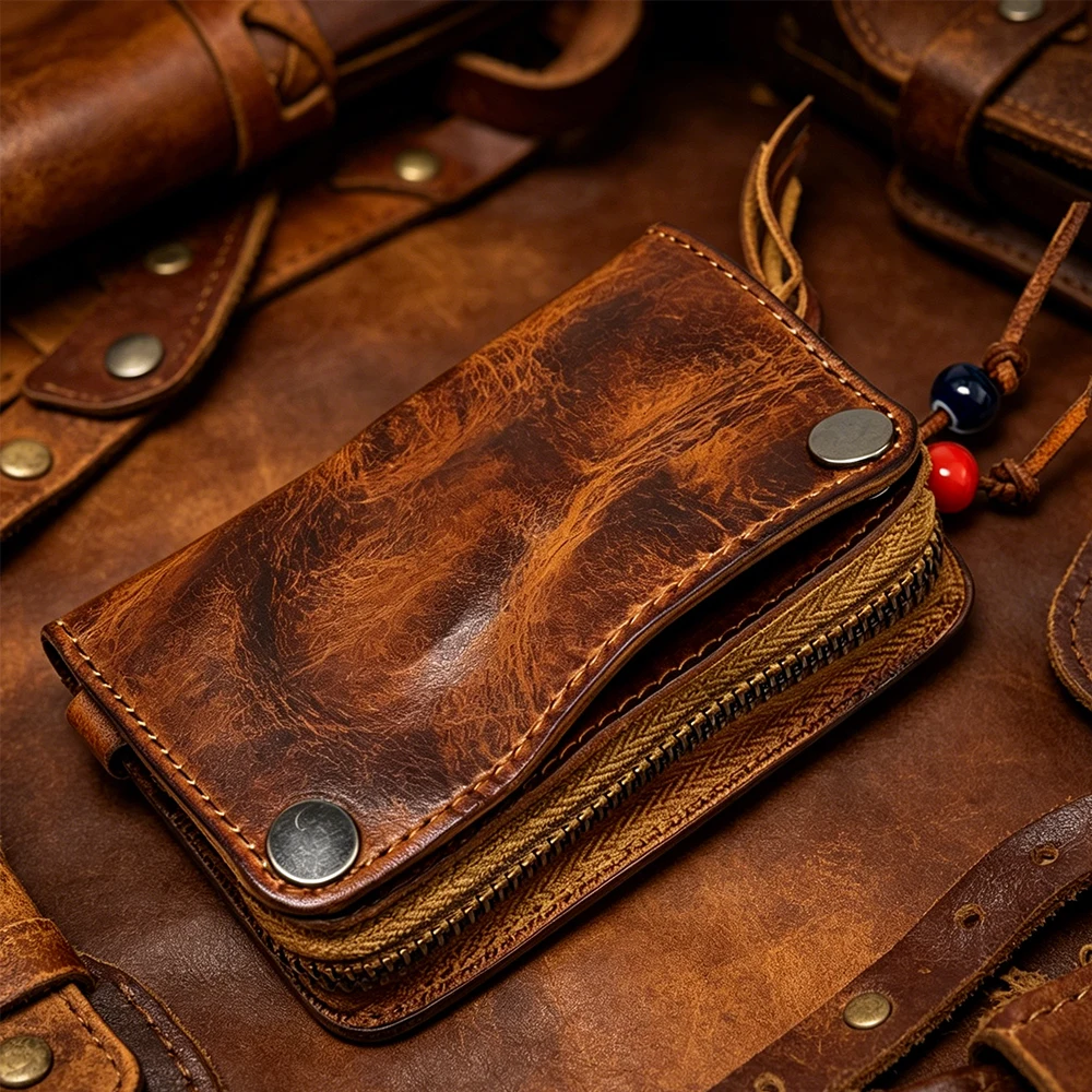 Genuine Leather Large Capacity Men Retro Wallets High Quality Key Bag Handmade Small Storage Bag Card Holder Male Purses