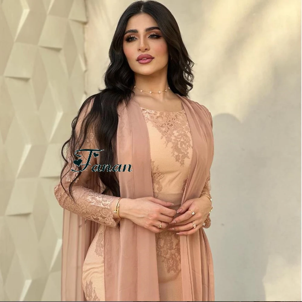 Personalizado simples champanhe o-pescoço camisa apliques vestidos de noite mangas completas em linha reta tornozelo comprimento elegante vestidos de baile