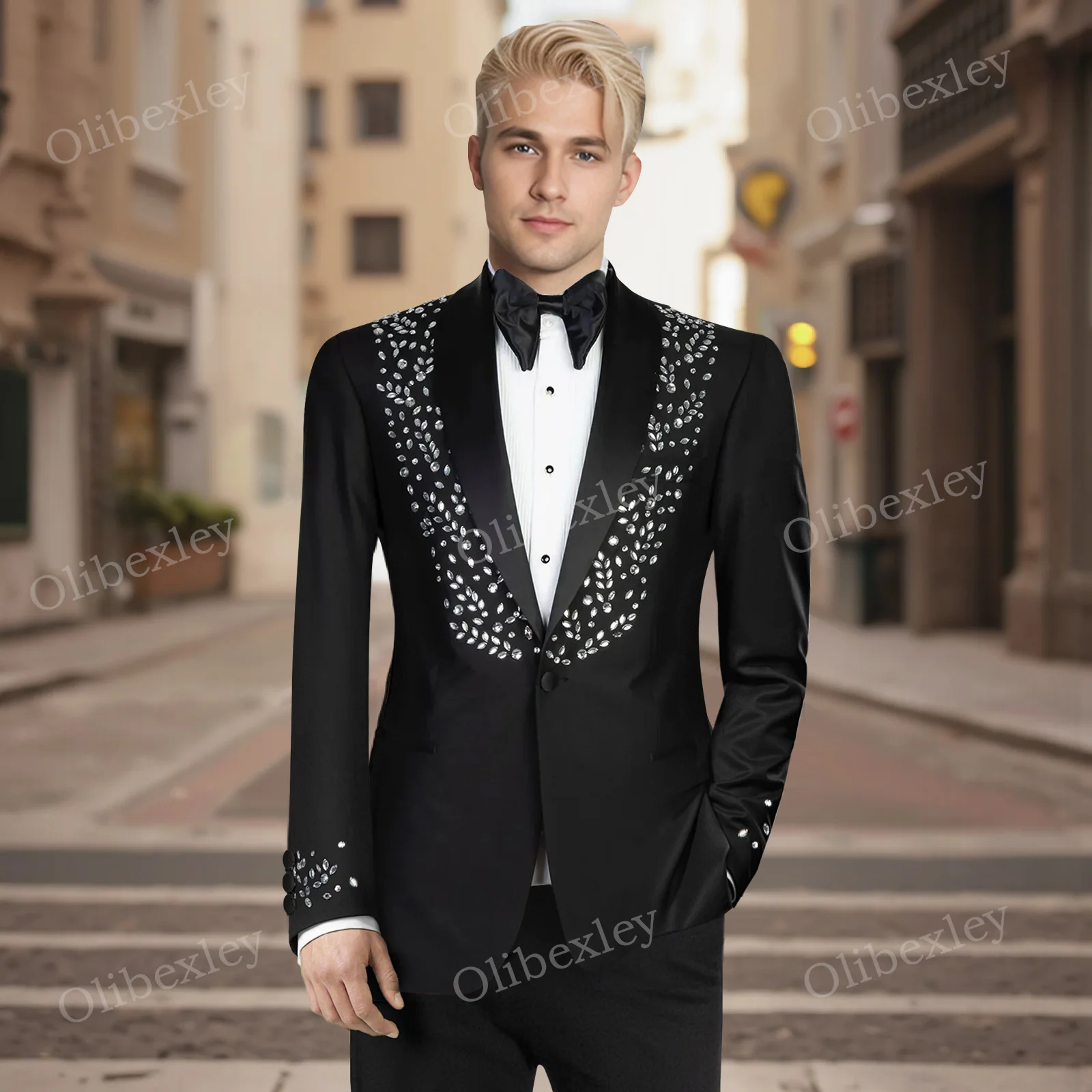 

Luxury Men's Suits Elegante 2 Pieces Sets Beaded Crystals One Button Slim Fit Tuxedos Wedding Prom Business Dinner Prom