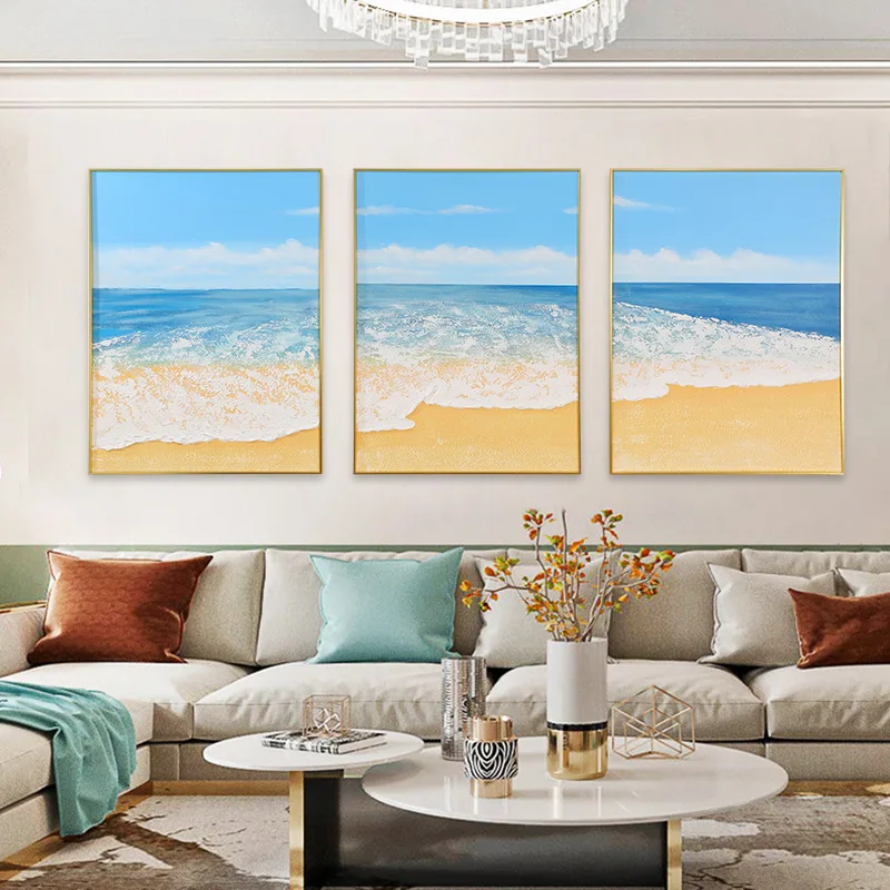 Hand-painted sandstone texture three-dimensional oil painting hotel bedside decorative painting living room wave beach triptych