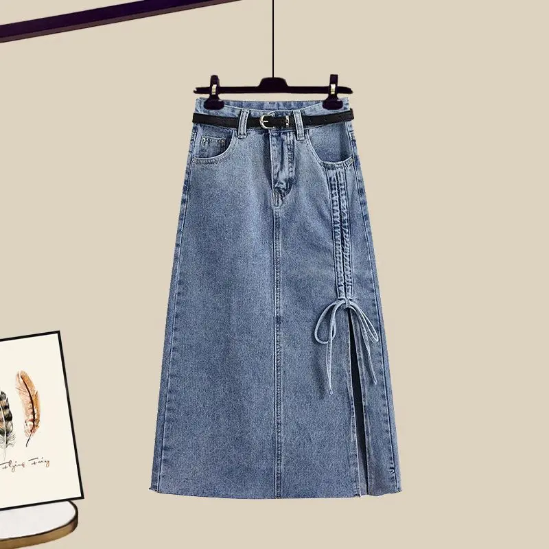 Summer Oversized Two Piece Skirt Set For Women Long Sleeve Blouse+High Waist Denim Skirt two-piece Jeans Skirt Set Female