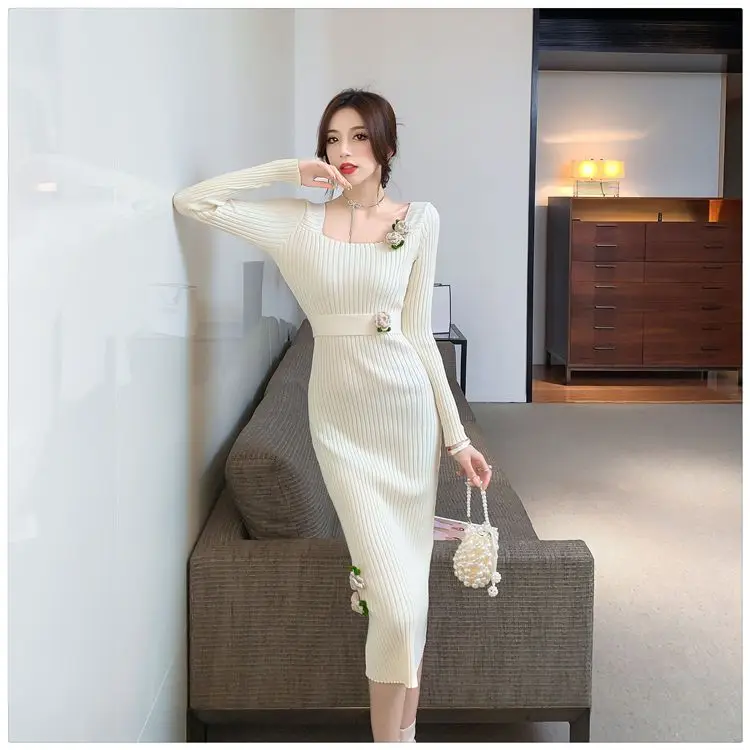 Outono inverno feminino pescoço quadrado vestido de malha camada base camisola vestido até o chão manga regular saias de comprimento total cq241