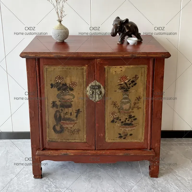 Vintage Chinese Solid Wood Cabinet Late Qing Dynasty Style Antique Storage Locker Hand Carved Wooden Furniture Home Decor