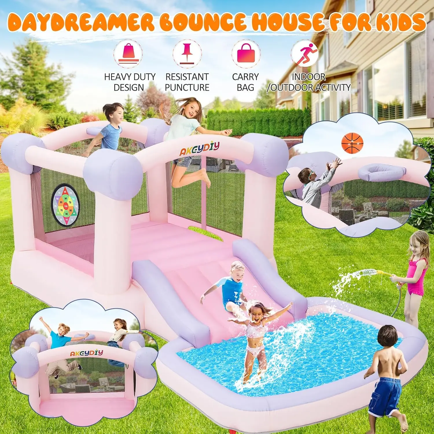 Casa con pozo de pelotas, casa hinchable inflable para niños, castillo de salto todo en uno, tobogán ancho, piscina de pelotas, aro de baloncesto, dardos Ta