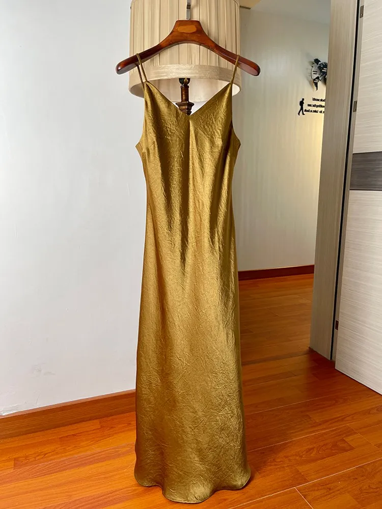 Vestido de Seda y Satén para Mujer, Corte Entallado, Verano, Elegante, con Tirantes de Acetato, Plisado, Escote en V, Estilo Svel