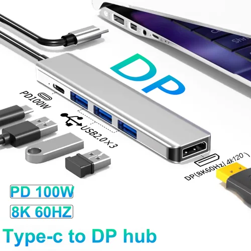 Convertidor de acoplamiento de puerto PD 5 en 1 USB C a DP Hub DisplayPort/USB/100W para base de expansión Mac tipo C Thunderbolt 3 a 8K @ 60H