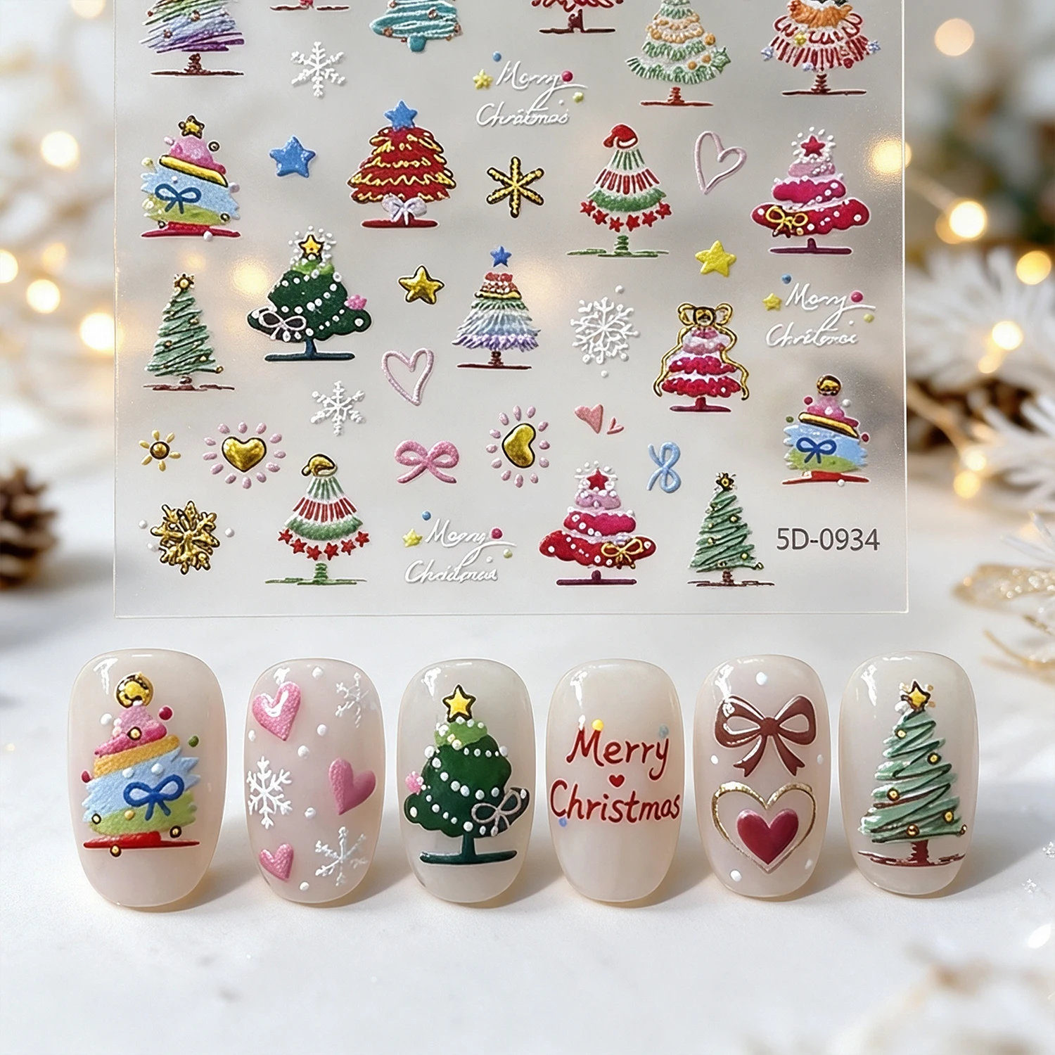 1PC 5D Christmas Tree Nail Stickers Colorful Hand Drawn Xmas Tree Bow Star Snowflake Nail Decals Winter Holiday Party Manicure *