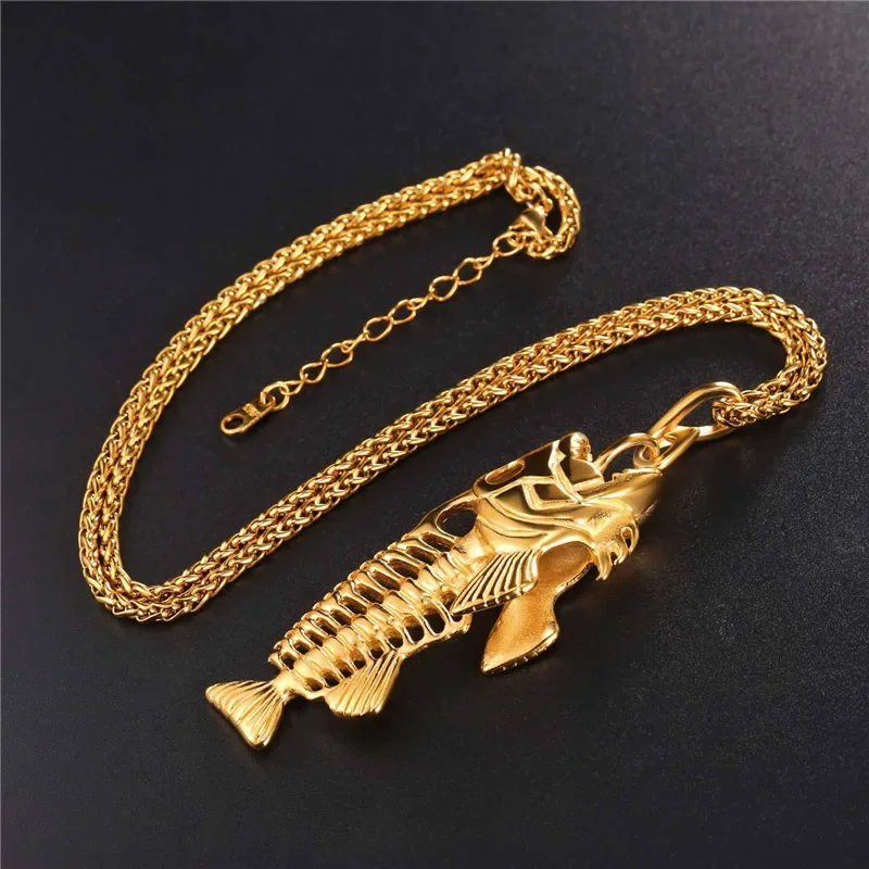 U7 Hip Hop Chain For Men Fish Bone Statement Pendant Necklaces Stainless Steel Fishing Hippie Kpop Jewelry P1039 QC24