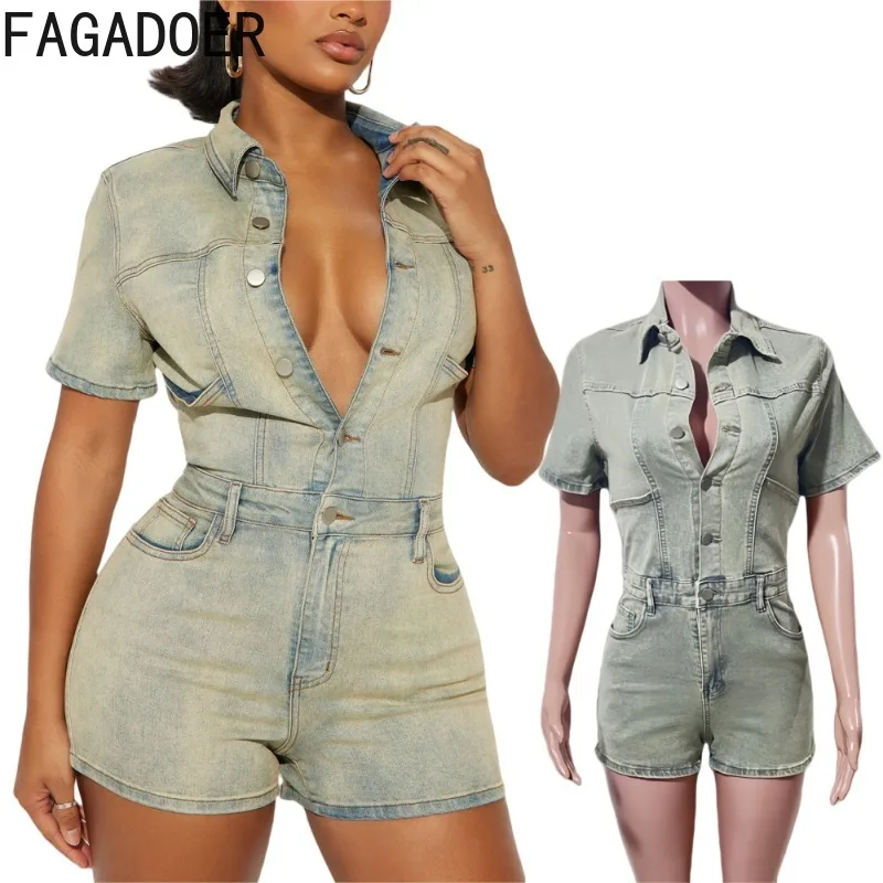 

FAGADOER Fashion Denim Bodycon Jumpsuit Women Buttons Short Sleeve Jeans One Piece Romper Female Streetwear Overalls Summer New