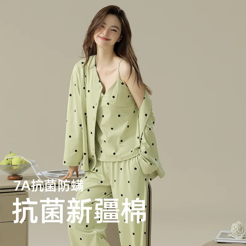 Women's Long Sleeve 3 Piece Antibacterial Cotton Pajama Set with Chest Pads Ideal for Spring Autumn Loungewear