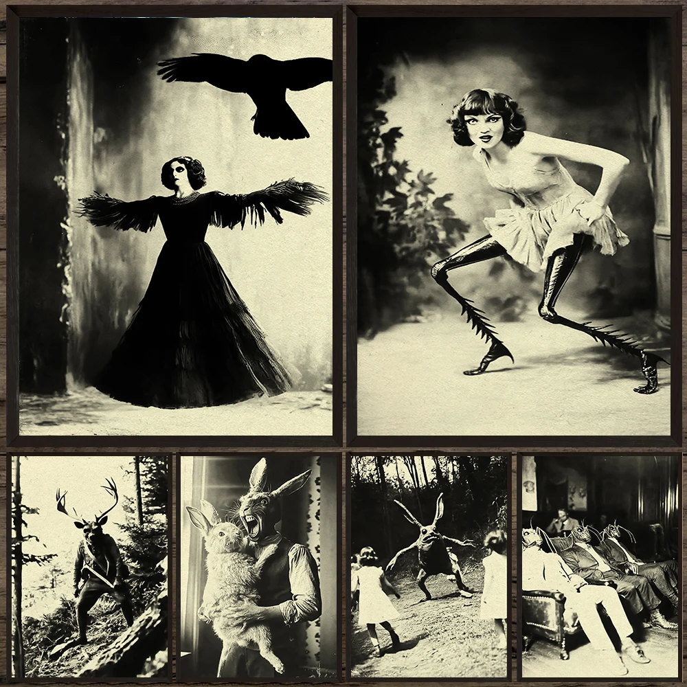 

Surreal Animal And Human Fantasy Vintage Photo Wall Art Canvas Painting,Weird Old Photos Art Poster And Print Home Decoration