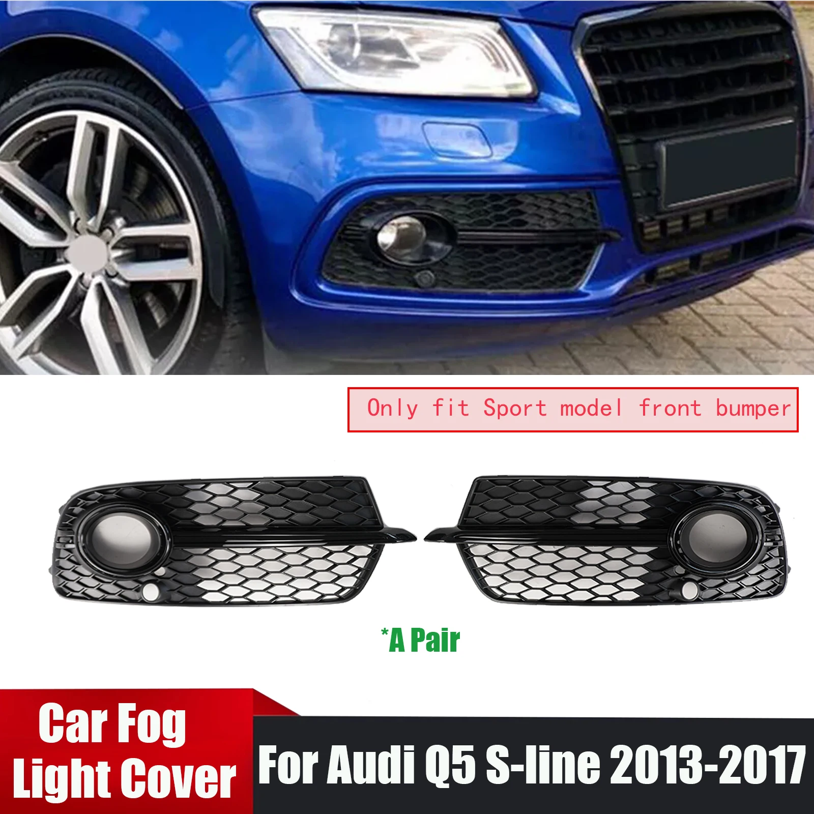 

A Pair Fog Light Cover For Audi Q5 S-line 2013-2017 Fog Lamp Grill Honeycomb Mesh Cover Body Kit Glossy Black Car Accessories