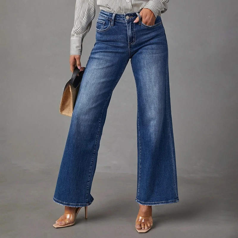 

Women's 2025 Spring Summer Jeans Decent High-Waisted Wide-Leg Flared Hem Raw Edge Dark Denim Jeans