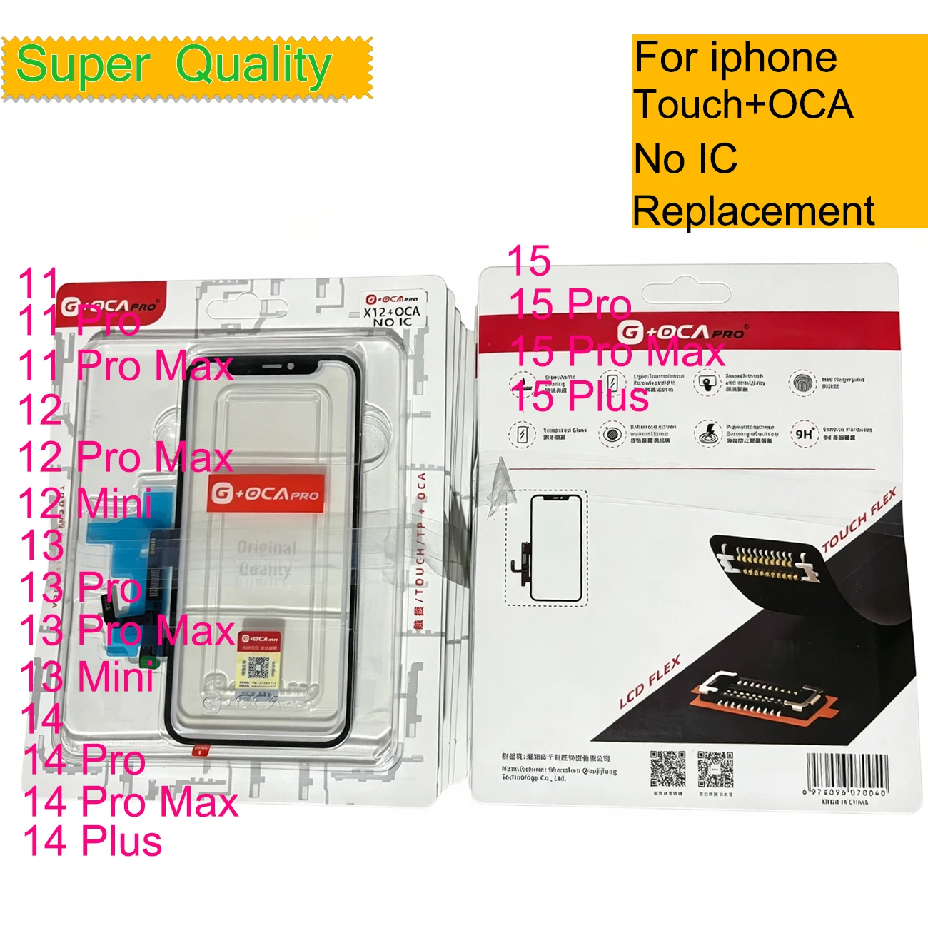 10Pcs Without IC G+OCA For Iphone 15 14 13 12 11 Pro Max Mini Touch Screen Digitizer Panel Sensor No IC Front Glass With OCA