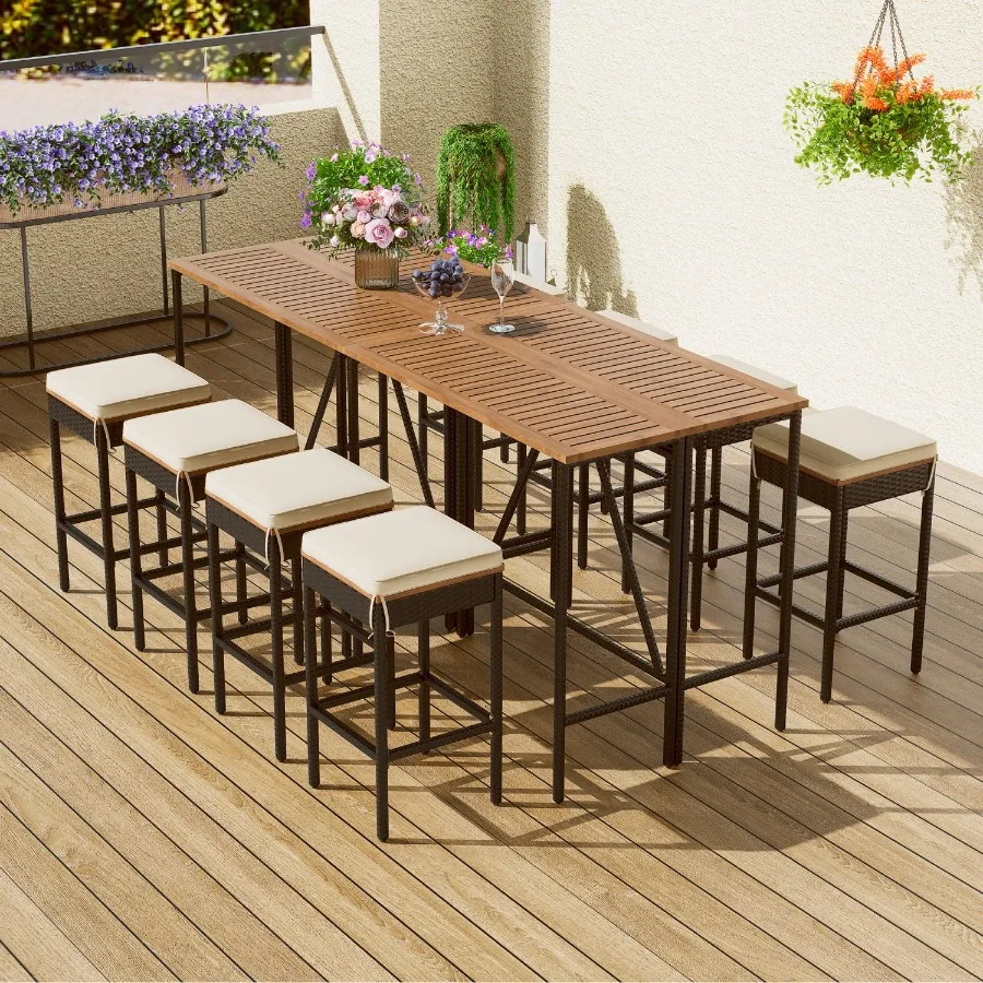 

GO 10Piece Outdoor Acacia Wood Bar Height Table And Eight Stools With Cushions Garden PE Rattan Wicker Dining Table Foldable Ta