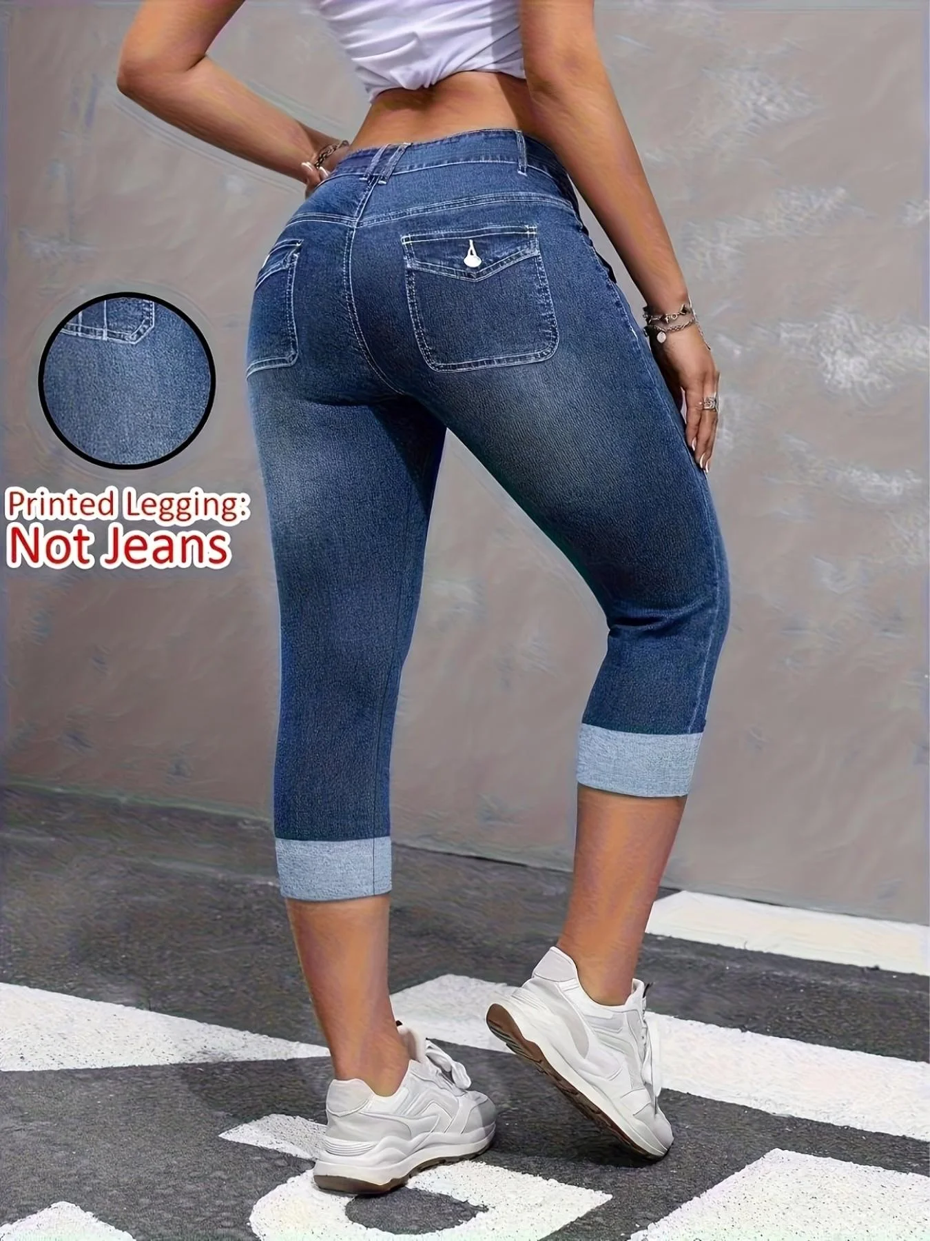 7188 Women's Faux Denim Printed Capri Leggings, Non-Denim Casual Skinny Pants, Thin Breathable Sports Casual Yoga Pants