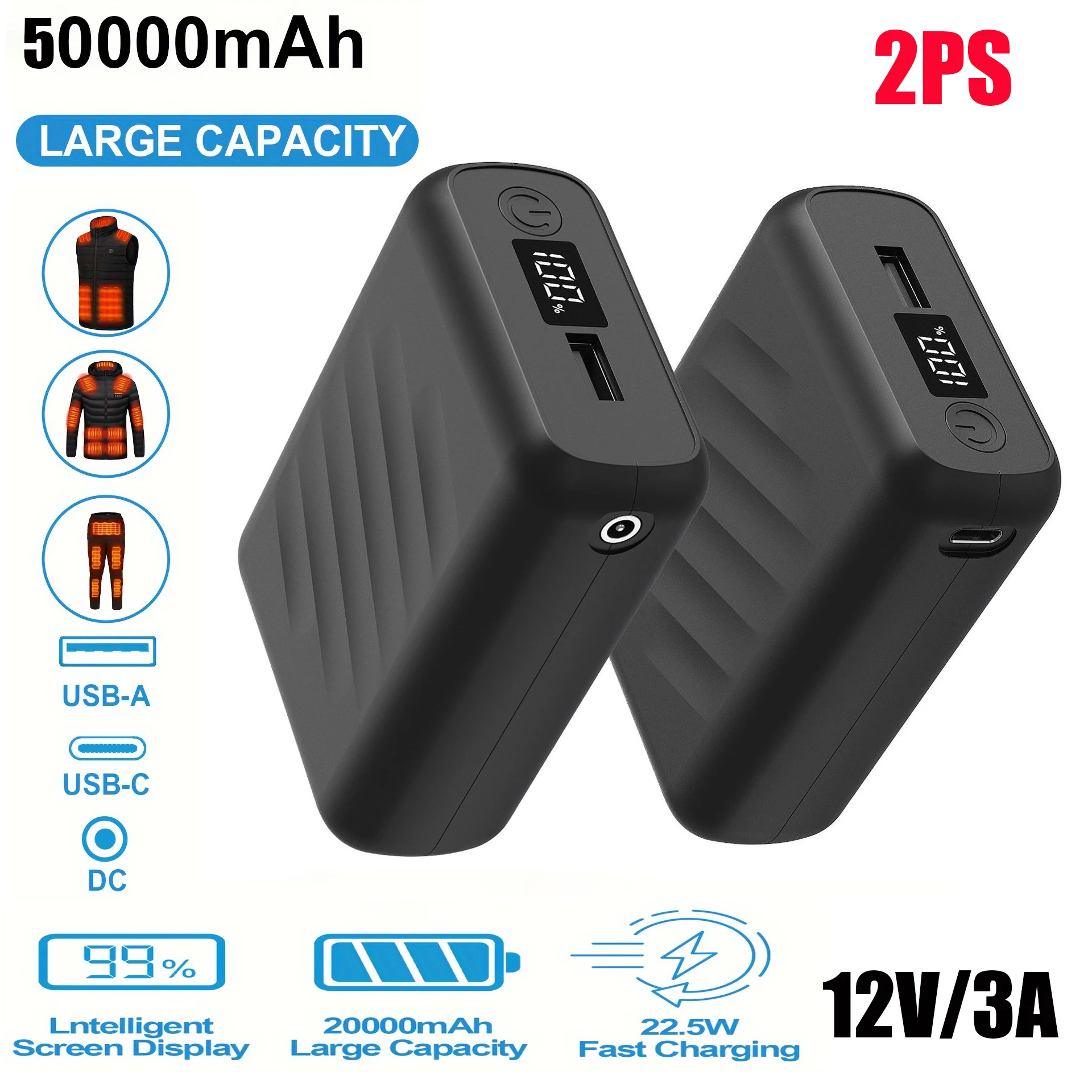 50000mAh 7.4V/3A Power Bank Portable Charger LED Display Heated Jacket Battery Pack Fast Charging For Pants Ves