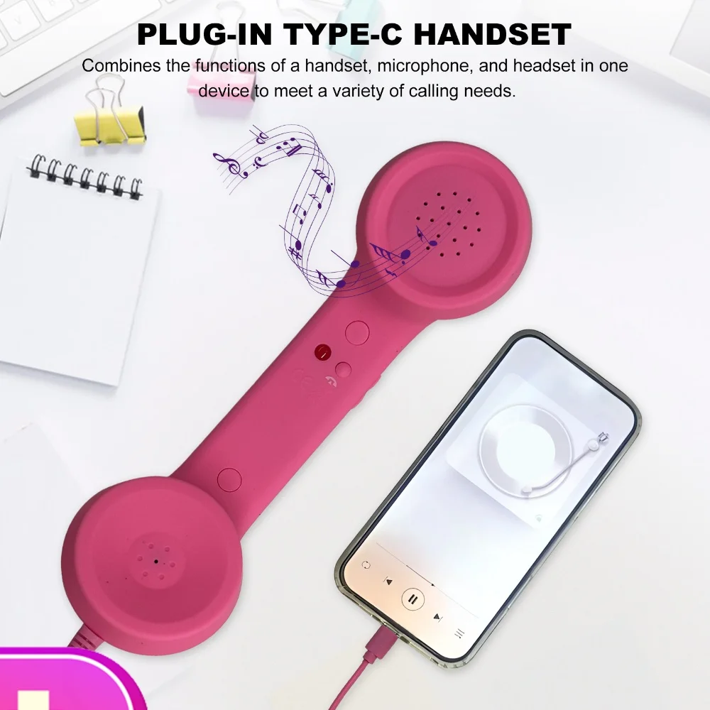 Wired Retro Phone Handset with Volume Control Type-C Vintage Telephone Receiver for Mobile Video Conferences Calls Meetings