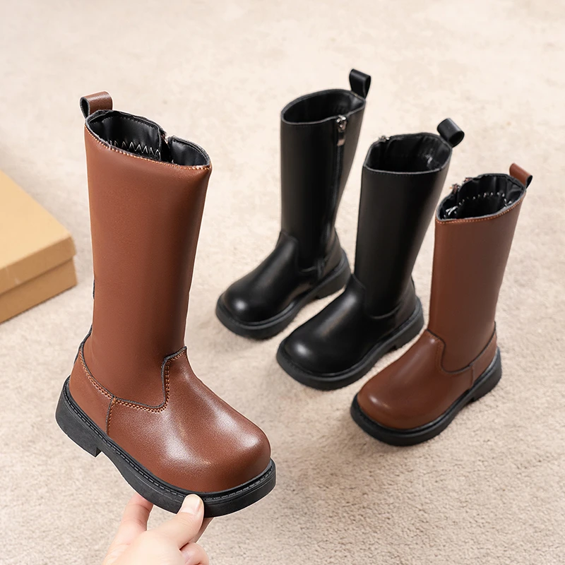 

Children's Fashion Leather Knee-High Boots - Fleece-Lined Side Zipper, Warm Winter Footwear for Children22-31 Botas Para Niñas
