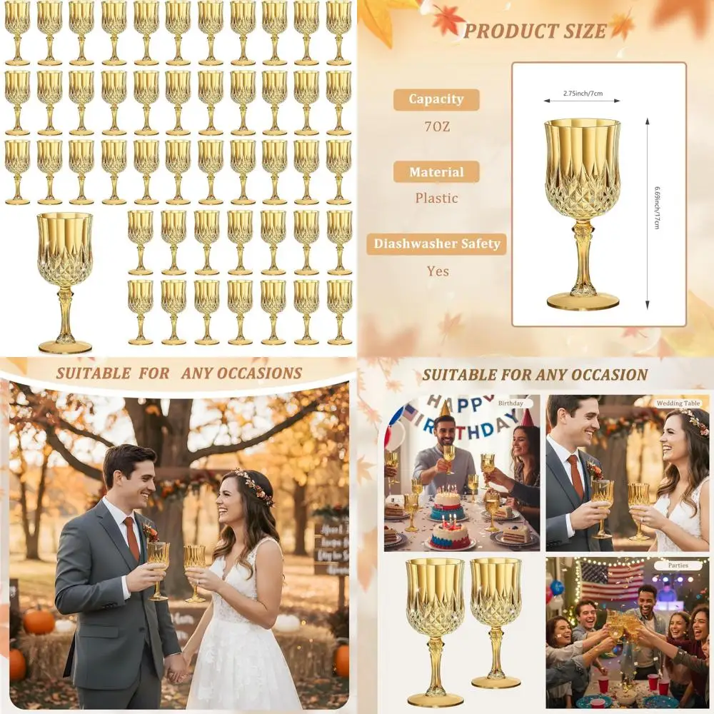 

Unbreakable 7-Ounce Gold Plastic Wine Glasses - Elegant Champagne Flutes for Weddings, Parties, and Outdoor Events