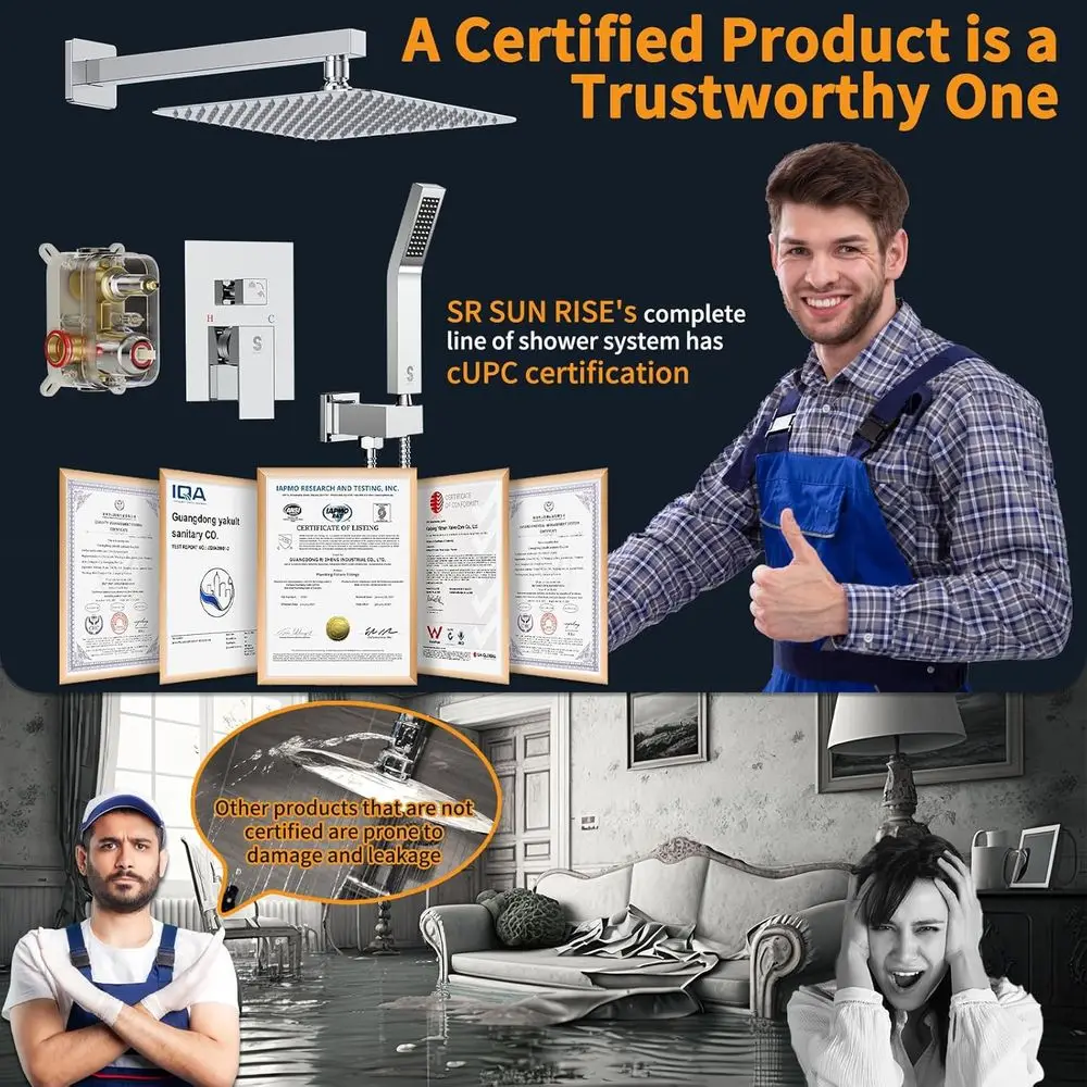 고급 벽걸이형 레인폴 샤워 시스템, 광택 크롬 마감, 내장형 밸브 및 트림 포함
