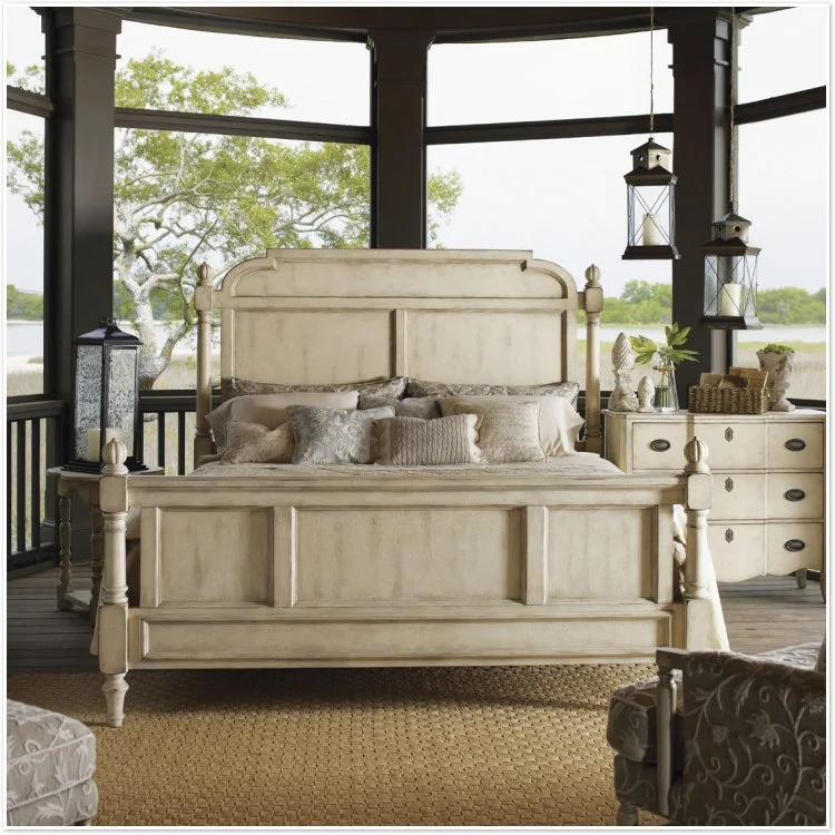 ^American Style Rustic Oak Solid Wood Double Bed 1.5m-1.8m French Vintage Ivory White Distressed Customizable Wedding Bed