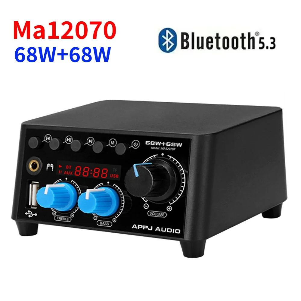 

Мини-цифровой усилитель мощности HiFi стерео 2,0 Ma12070 Bluetooth 5,3 68 Вт + 68 Вт домашнее аудио высокие частоты с ПК-USB