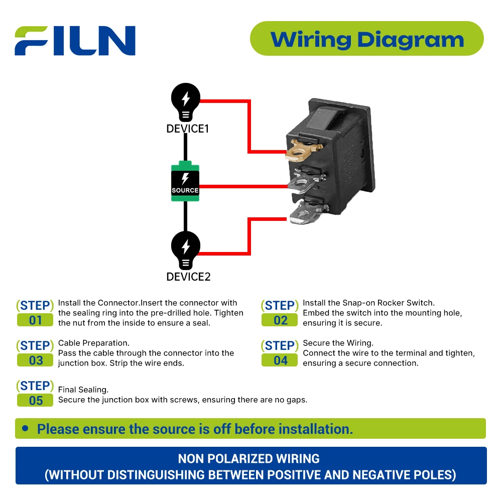 FILN 2 Stück gemischte wasserdichte Schaltkästen 6A 12V 24V 110V 220V Inline-Wippschalter für Marine, Boot, ATV, UTV, Außenbeleuchtung – Detail 3