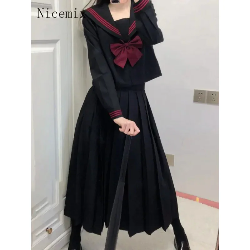 Nicemix Original Basic JK Uniform Skirt 2pcs Set Orthodox Black Red Sailor Suit Japan Long Sleeve/short Sleeve Shirt Preppy JK