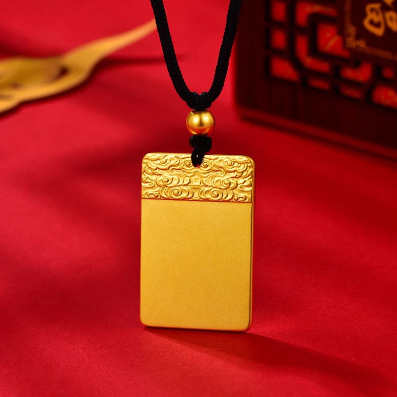 Pure 18k Yellow Gold Color Explosive Flash Square Tag Pendant Necklace Black Rope Chain for Men Women's  Pendnat Jewelry Gifts