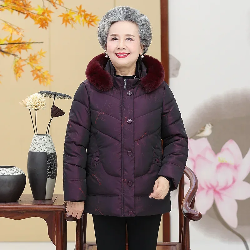 

Middle Aged Mother Parkas Hooded Printed Cotton Padded Women Jacket Winter Thicken Warm Grandma Down-Cotton Coat куртка женская