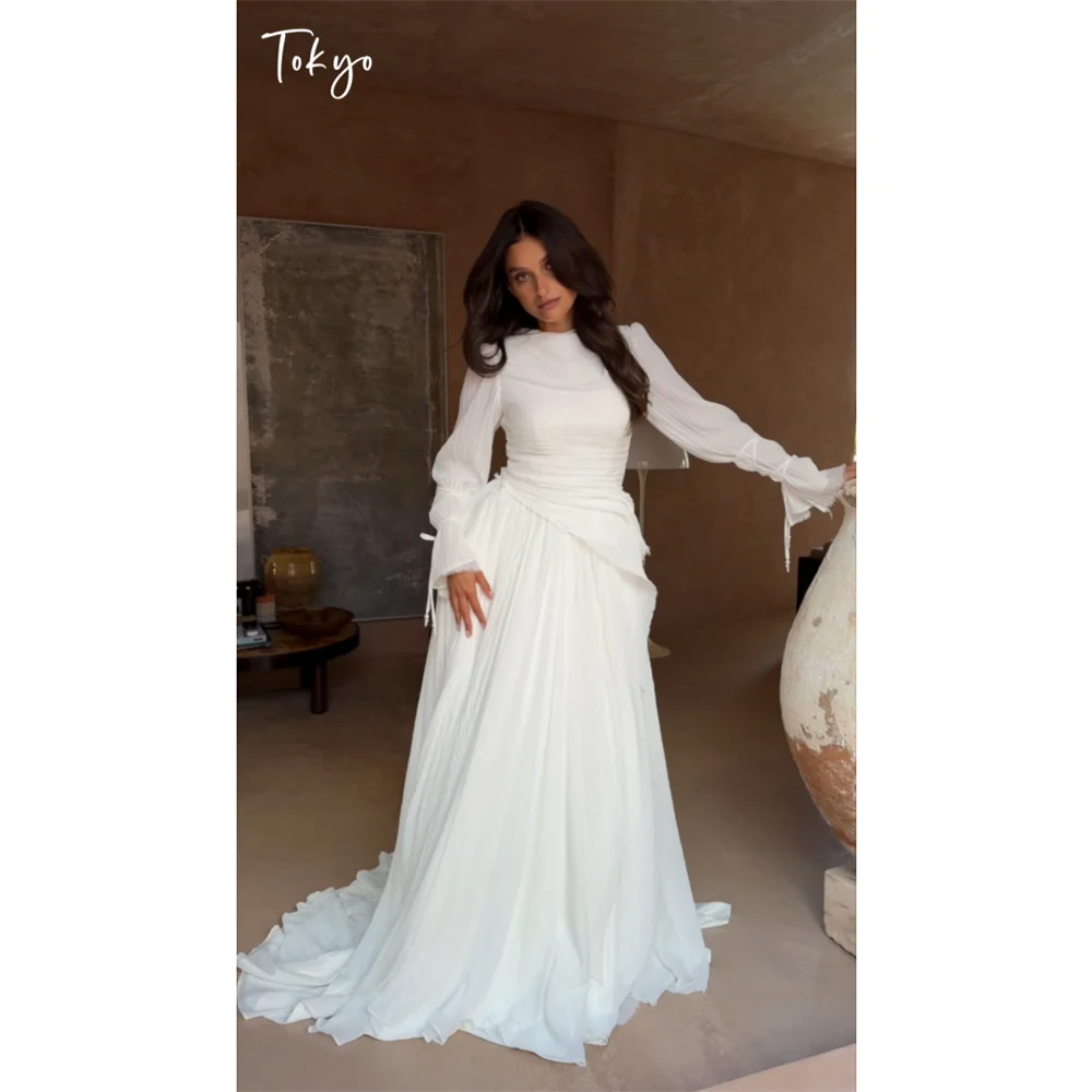Tokyo O Neck Long Sleeve Chiffon Wedding Dress Ruched High Waist White Bridal Gown Elegant Flowy Formal Evening Gown With Train