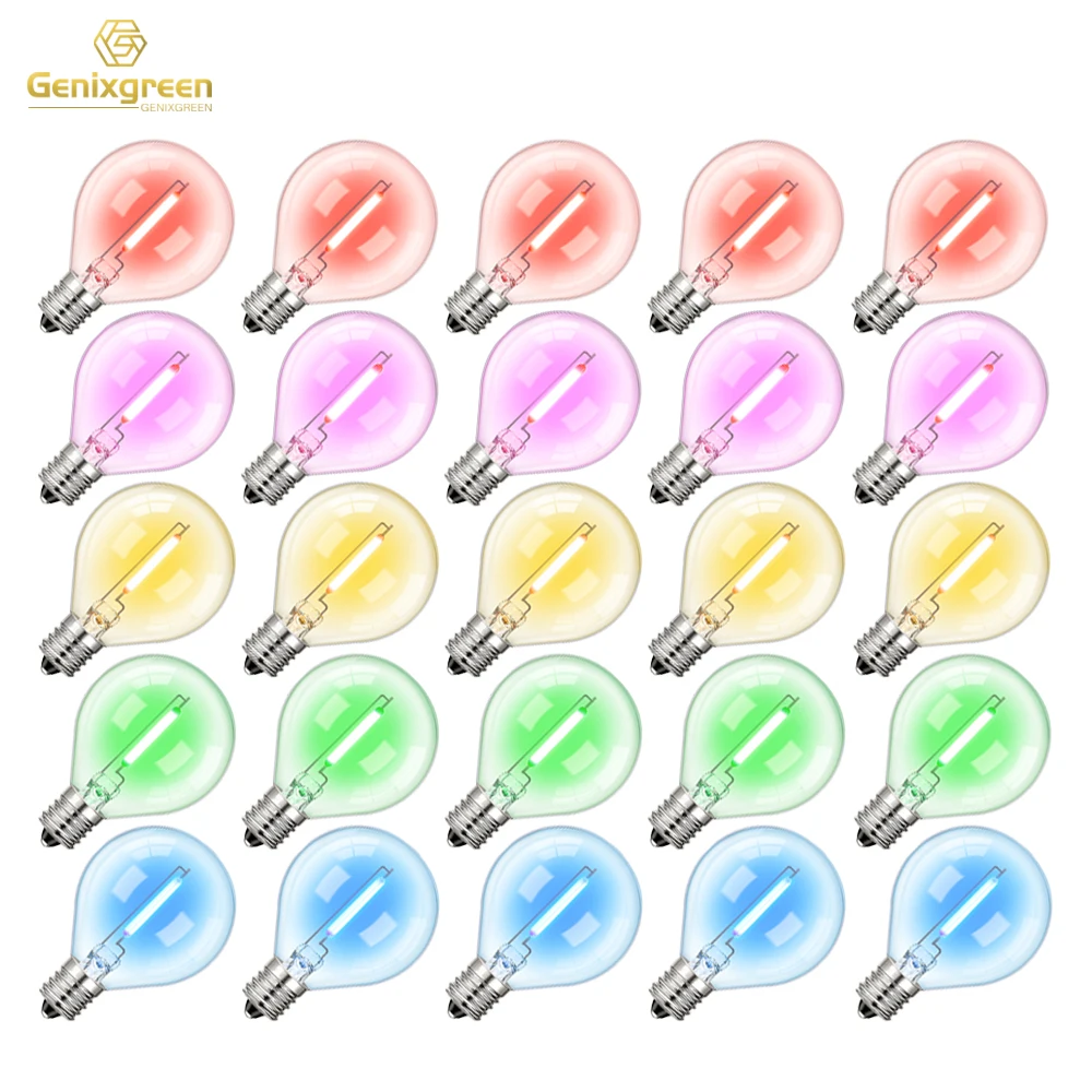 25Pack Globe Glass RGB Led Filament Light Bulb Multicolor Dimmable E12 Base G40 String Light Replacement Bulb Home Outdoor Decor