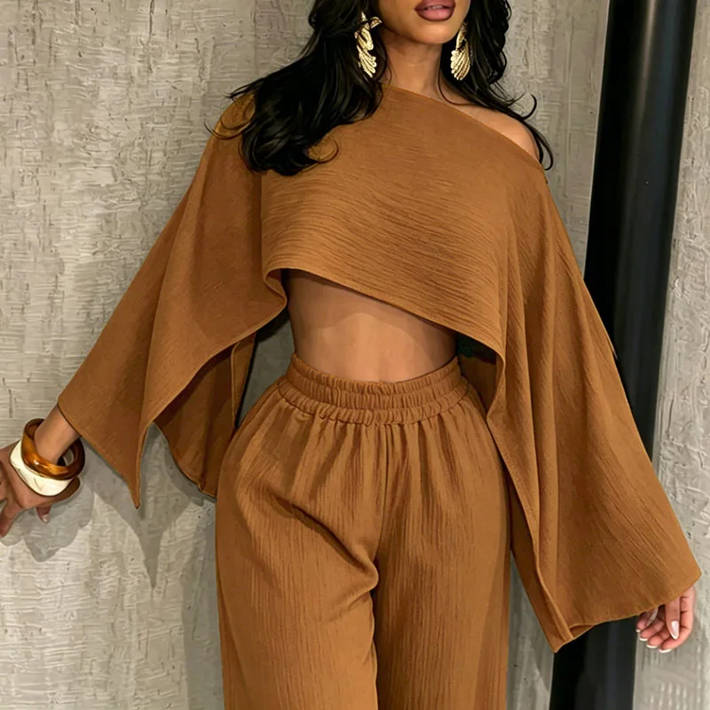 Spring Summer Off Shoulder Vacation Outfit Casual Loose Daily Suit Ladies Diagonal Collar Long Sleeved Top & Pants Commuting Set