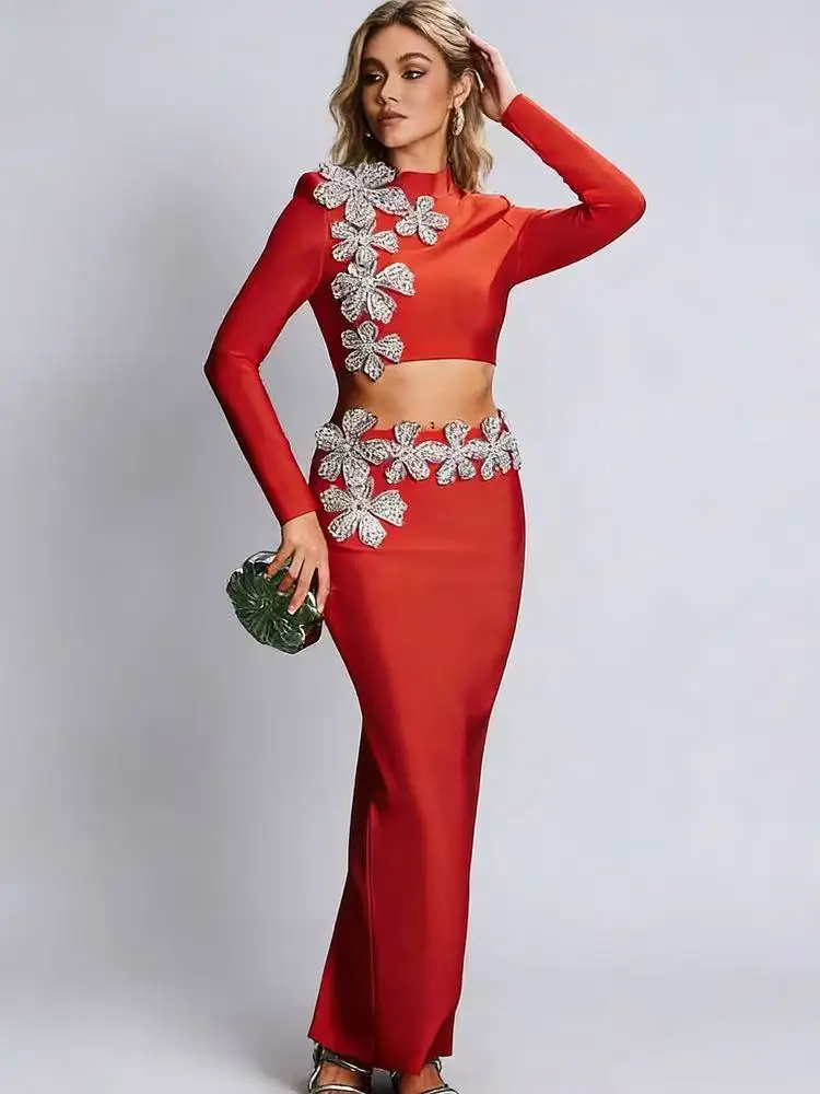 

2026 Women Sexy Bandage Two Piece Set Diamonds Long Sleeve Top & Skirt Autumn Club Party Outfits