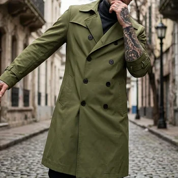 Men's Thin Double-Breasted Knee-Length Windbreaker 4 Men's Windbreaker Thin Double Breasted Windbreaker Streetwear Outdoor Casual Long Windbreaker Knee-length Jacket for Man 4