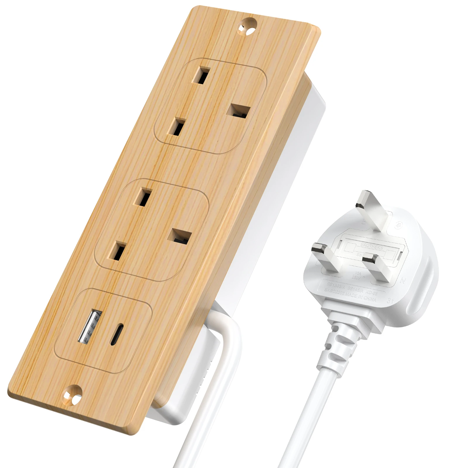 UK Plug Embedded Desktop Socket USB-A+USB-C PD20W Fast Charging 2-Meter Extension Cable, Multiple Safety Protections