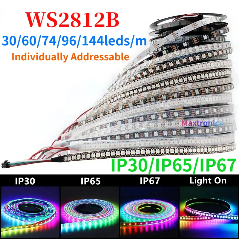 Fita LED inteligente, Endereçável individualmente, PCB, Preto e branco, WS2812B, 30, 60, 74, 96, 144, LEDs, m, IP67, 5050RGB, 1m, 5m, 5V CC