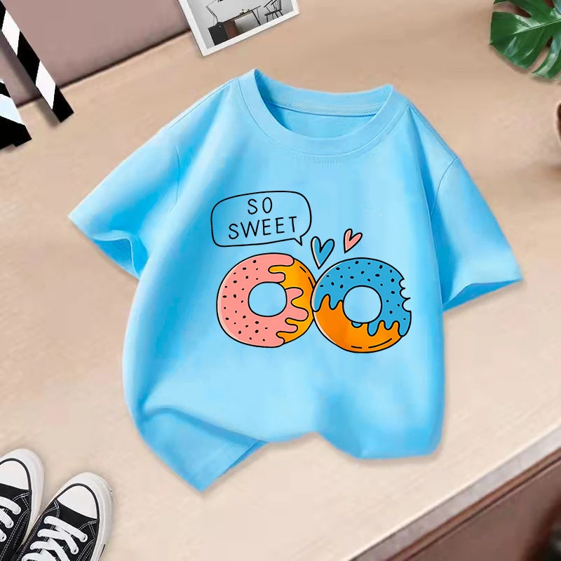 Niedliches Mädchen-T-Shirt aus Reiner Baumwolle mit Herzförmigem Donut-Motiv, Atmungsaktives Sommer-Oberteil mit Rundhalsausschnitt, Kindergeschenk
