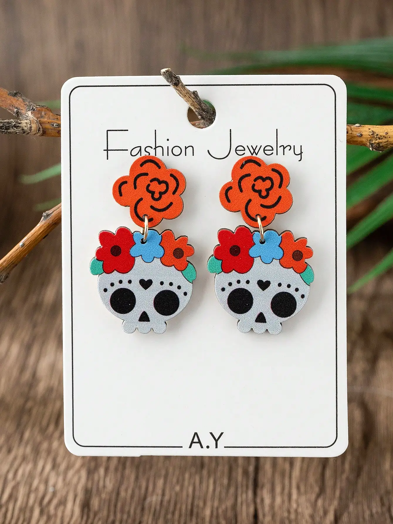 

1 Pair Colorful Flower Skull Wooden Earrings for Cinco de Mayo Festival