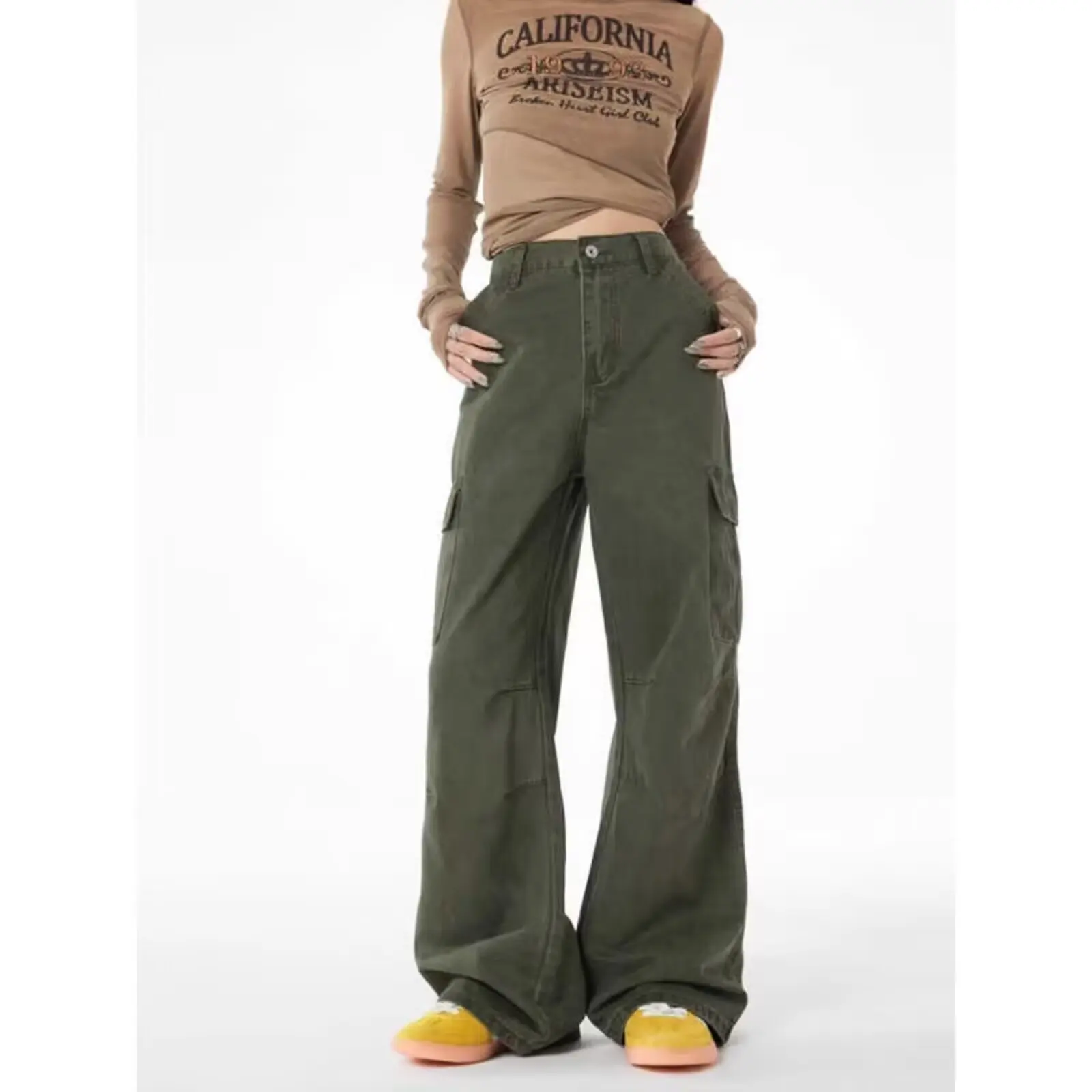

American Retro Green Denim Pants Women's Autumn Winter High Street Wide Leg Loose Straight Cut Trousers Multiple Pockets