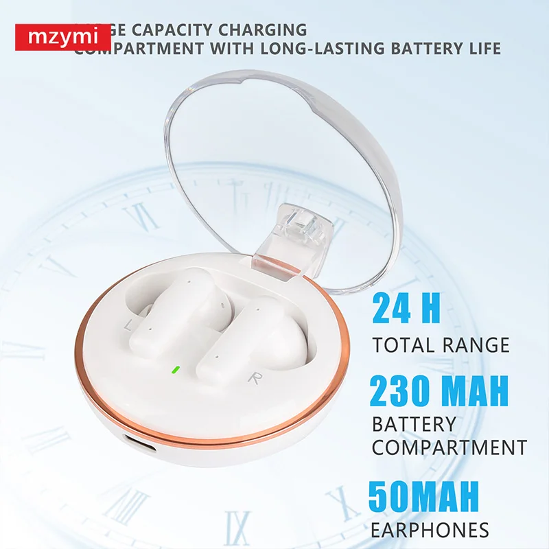 

MZYMI S100 Headphones Wireless Bluetooth Headse Waterproof Noise Canceling Earphones with Transparent Charging Case Earbuds