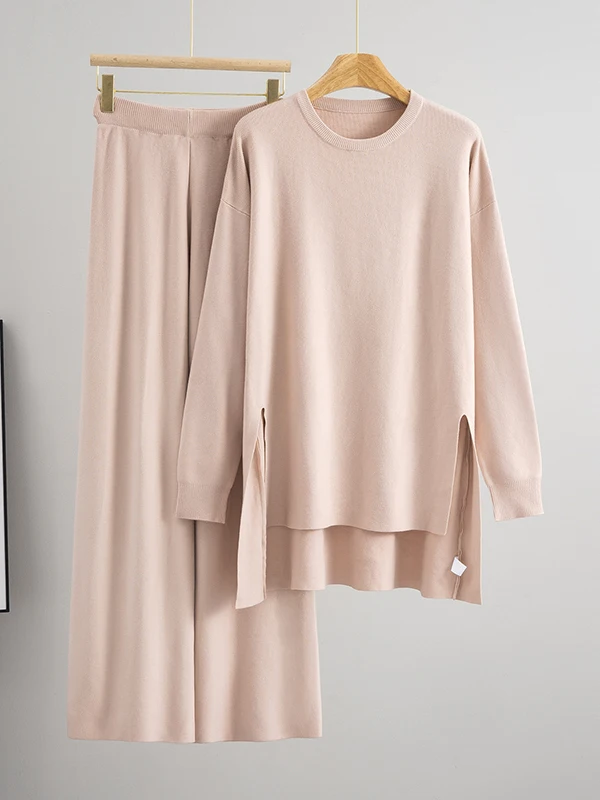 

Осень-зима, свободный вязаный круглый свитер, широкие брюки, комплект из двух предметов, цветной модный женский наряд