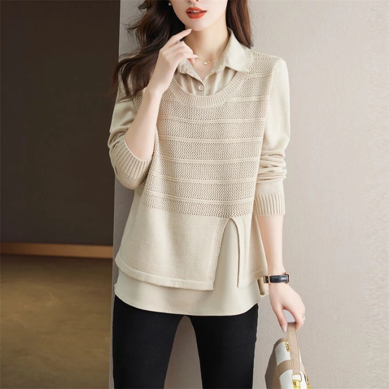 Spring Autumn New Solid Color Fake Two Pieces Sweater Women Turn-down Collar Long Sleeve Button Patchwork Pullovers Vintage Tops