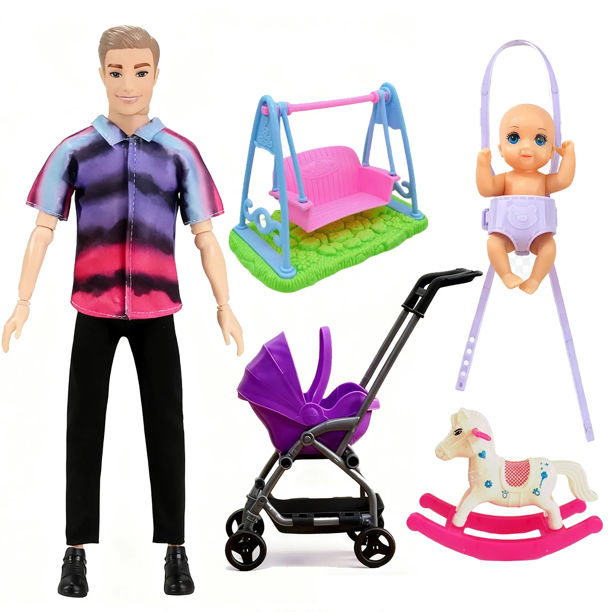 Set da gioco per bambole da ragazzo posabili multi-giunto da 12 pollici con altalena staccabile, cavallo a dondolo, passeggino e completo - Infermiamento e cura realistici