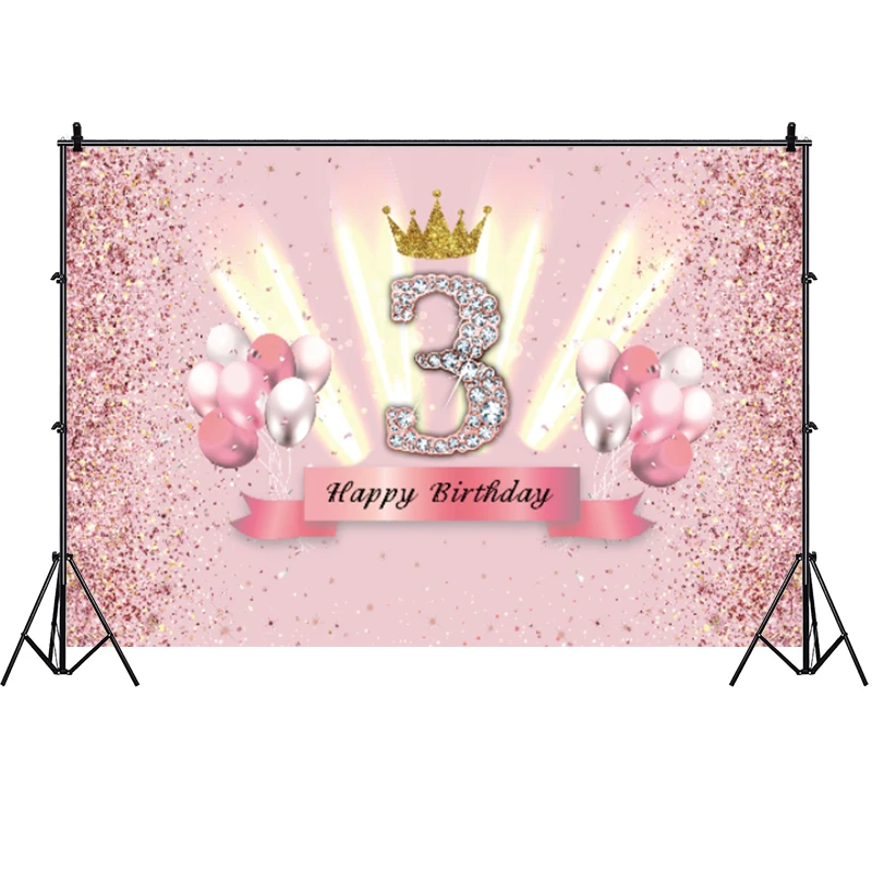 Pink 3rd Backdrop Glod Crown Newborn Baby Shower Princess Girl 3 Years Old Birthday Party Photo Background Photocall Prop Banner