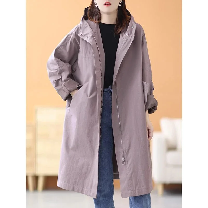 

2025 NEW Spring Autumn Winter Coat Jacket Women's Trench Coat Korean Version Loose Casual Hooded Windbreaker Outerwear Female